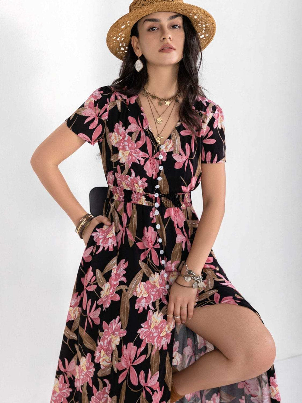 Floral V-Neck Slit Dress - Trendsi - Flyclothing LLC
