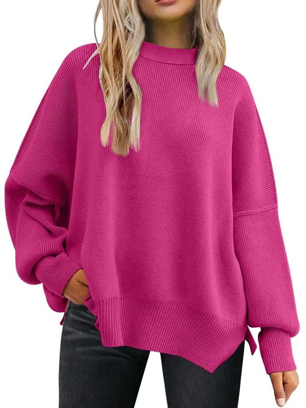 Slit Round Neck Dropped Shoulder Sweater - Trendsi - Flyclothing LLC