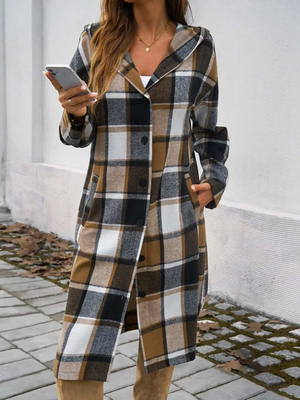 Plaid Long Sleeve Hooded Coat - Trendsi - Flyclothing LLC