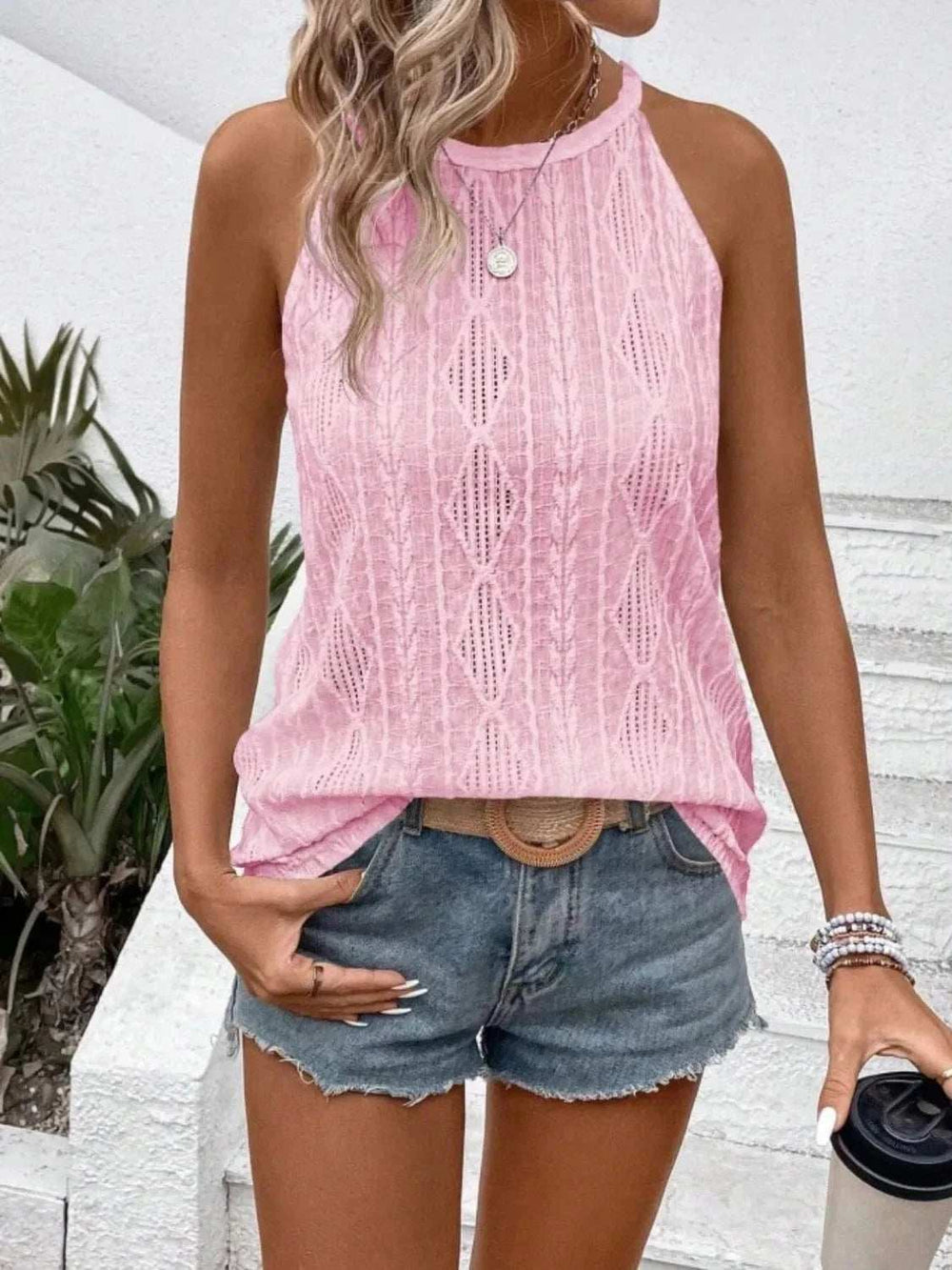 Openwork Grecian Neck Tank - Trendsi - Flyclothing LLC