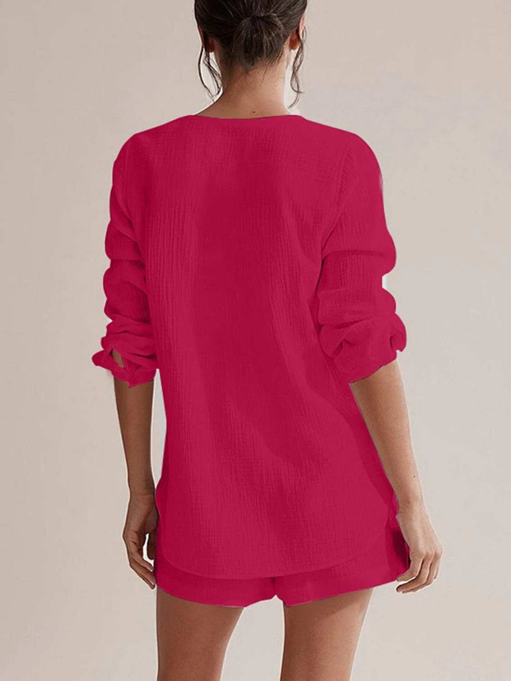 Notched Long Sleeve Top and Shorts Set - Trendsi - Flyclothing LLC