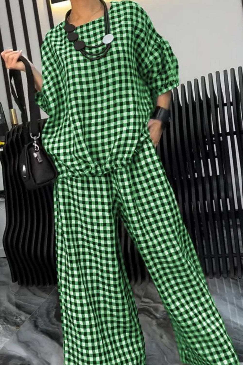 Full Size Plaid Round Neck Half Sleeve Top and Pants Set - Trendsi - Flyclothing LLC