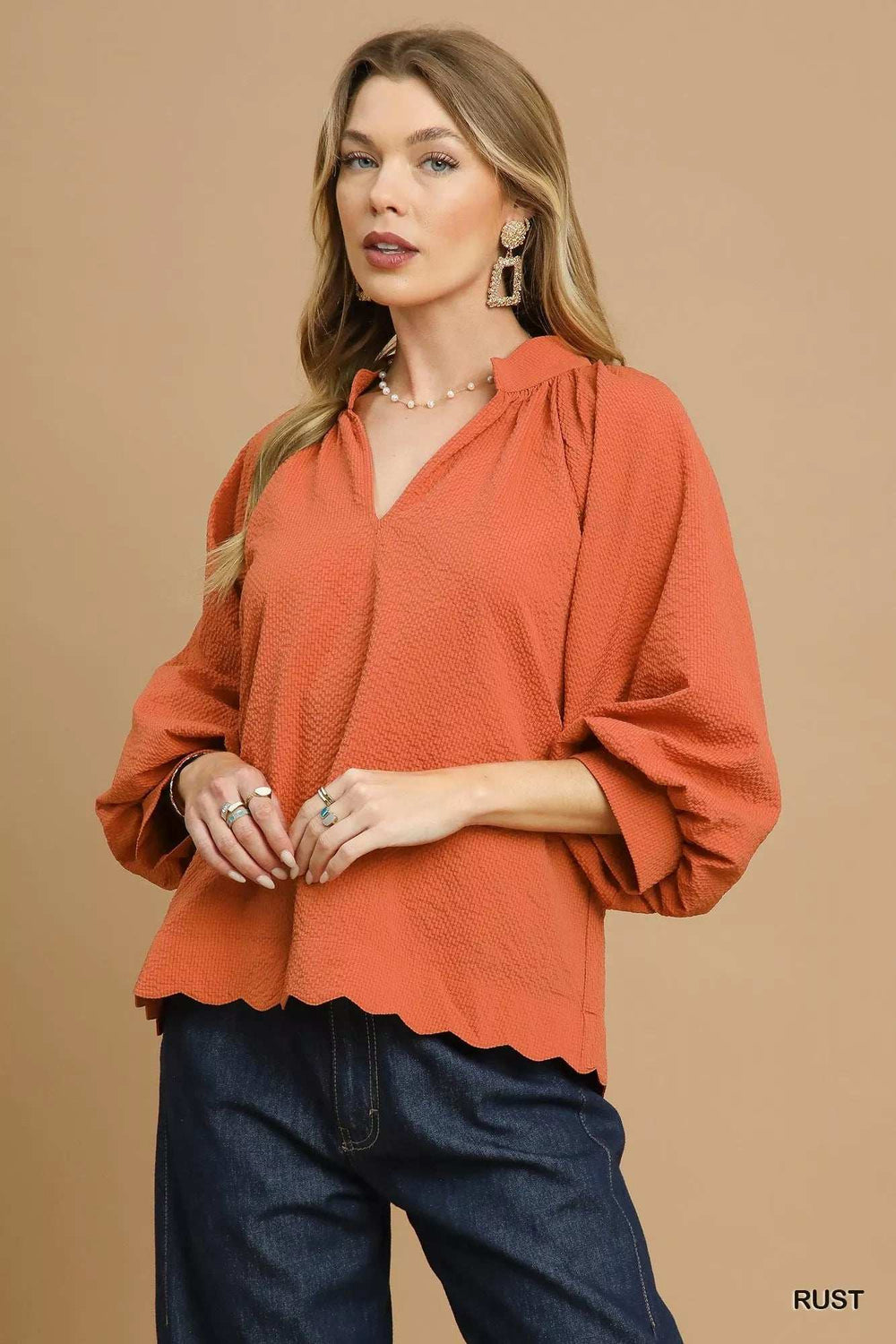 Umgee Textured Notched Balloon Sleeve Blouse with Scalloped Hem - Trendsi - Flyclothing LLC
