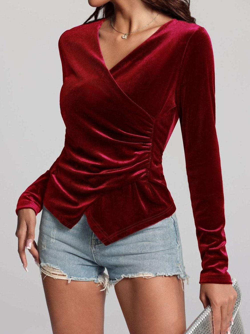 Ruched Surplice Long Sleeve Top - Trendsi - Flyclothing LLC