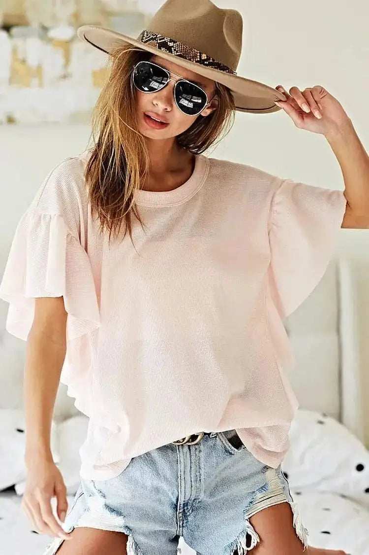 BiBi Thermal Knit with Ruffled Sleeve Top - Trendsi - Flyclothing LLC