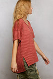 POL Ribbed Knit V-Neck Short Sleeve T-Shirt with Side Slit - Trendsi - Flyclothing LLC