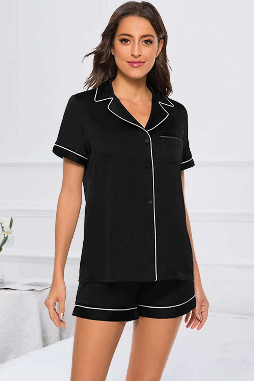 Printed Button Up Short Sleeve Top and Shorts Lounge Set - Trendsi - Flyclothing LLC