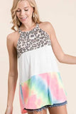 BiBi Leopard and Tie Dye Block Halter Neck Top - Trendsi - Flyclothing LLC