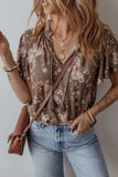 Floral Print Tassel Tie Split Neck Short Sleeve Blouse - Trendsi - Flyclothing LLC