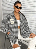 Houndstooth Button Down Long Sleeve Shacket - Trendsi - Flyclothing LLC
