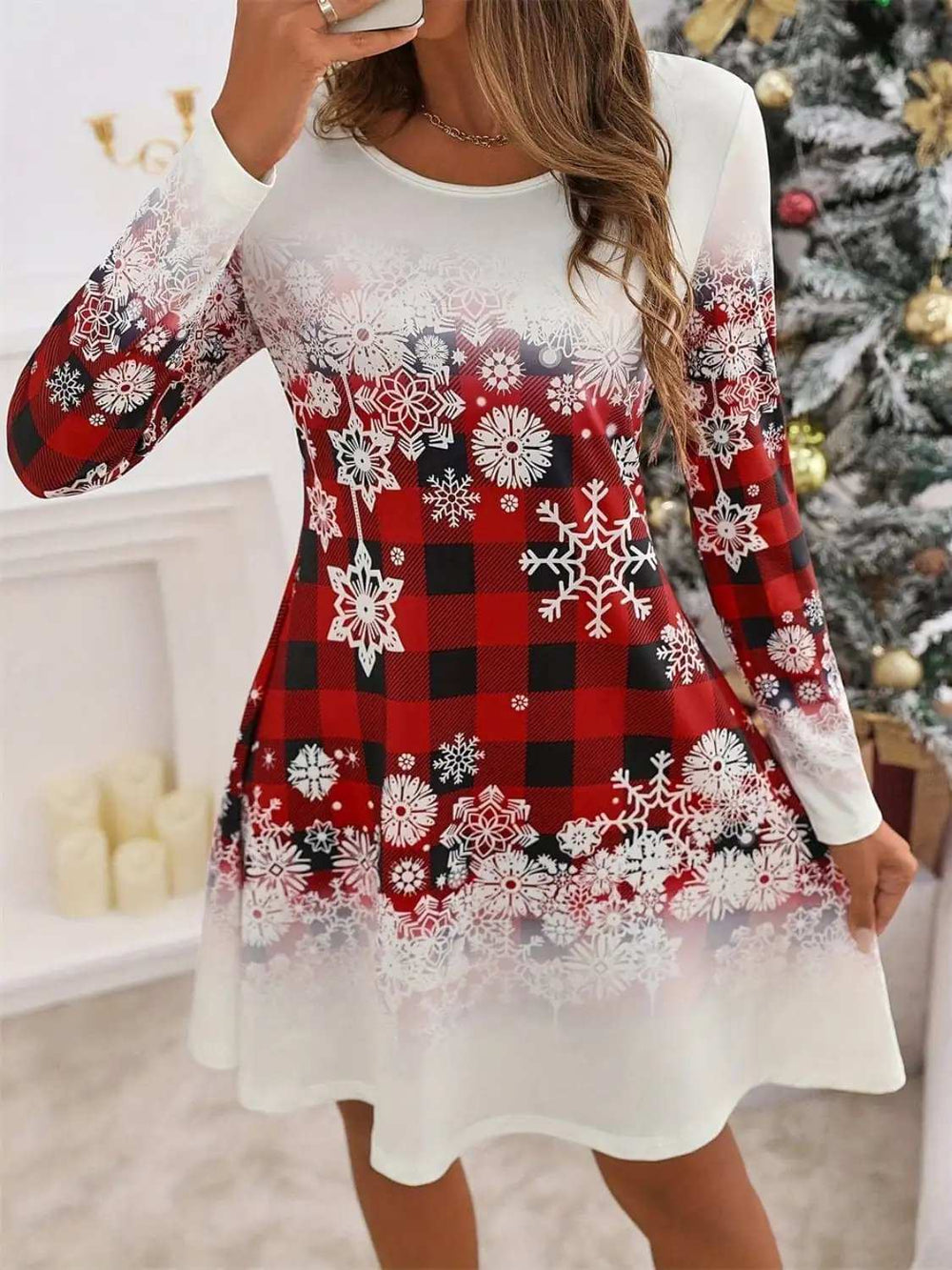 Snowflakes Plaid Round Neck Long Sleeve Dress - Trendsi - Flyclothing LLC