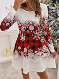 Snowflakes Plaid Round Neck Long Sleeve Dress - Trendsi - Flyclothing LLC