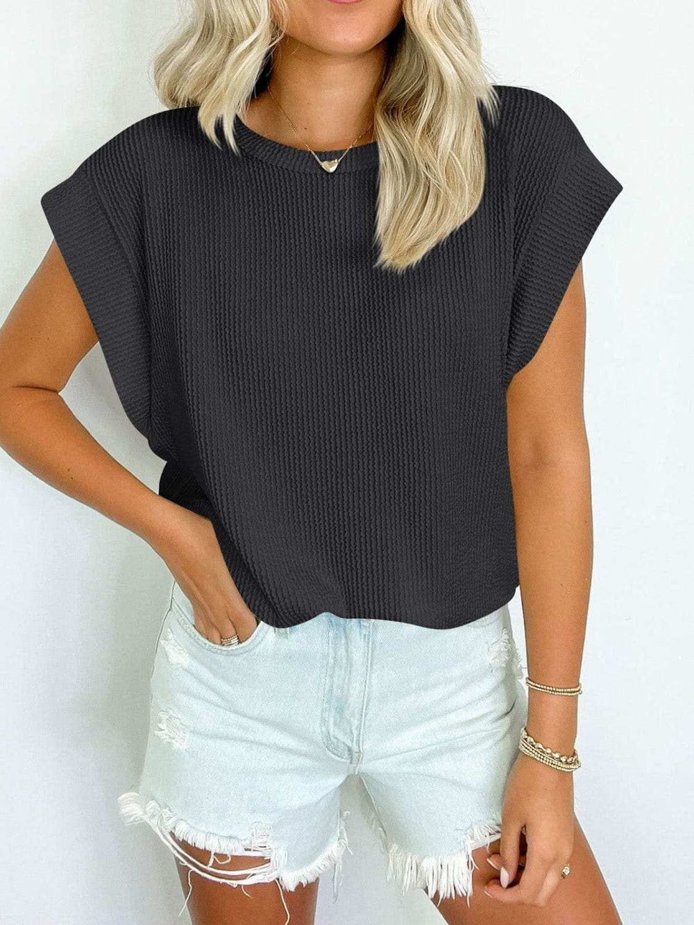 Textured Round Neck Cap Sleeve Blouse - Trendsi - Flyclothing LLC