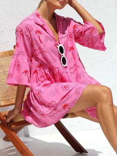 Button Detail Ruffled Hem Printed Mini Dress - Trendsi - Flyclothing LLC