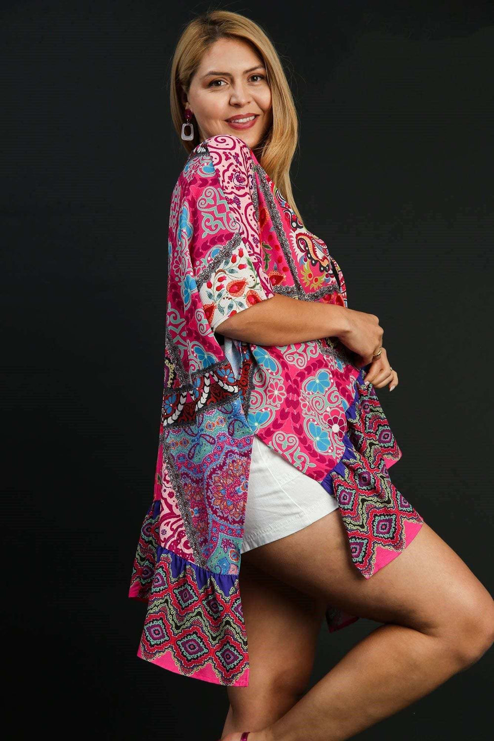 Umgee Full Size Mixed Print Ruffle Hem Open Front Cover Up Plus Size - Trendsi - Flyclothing LLC