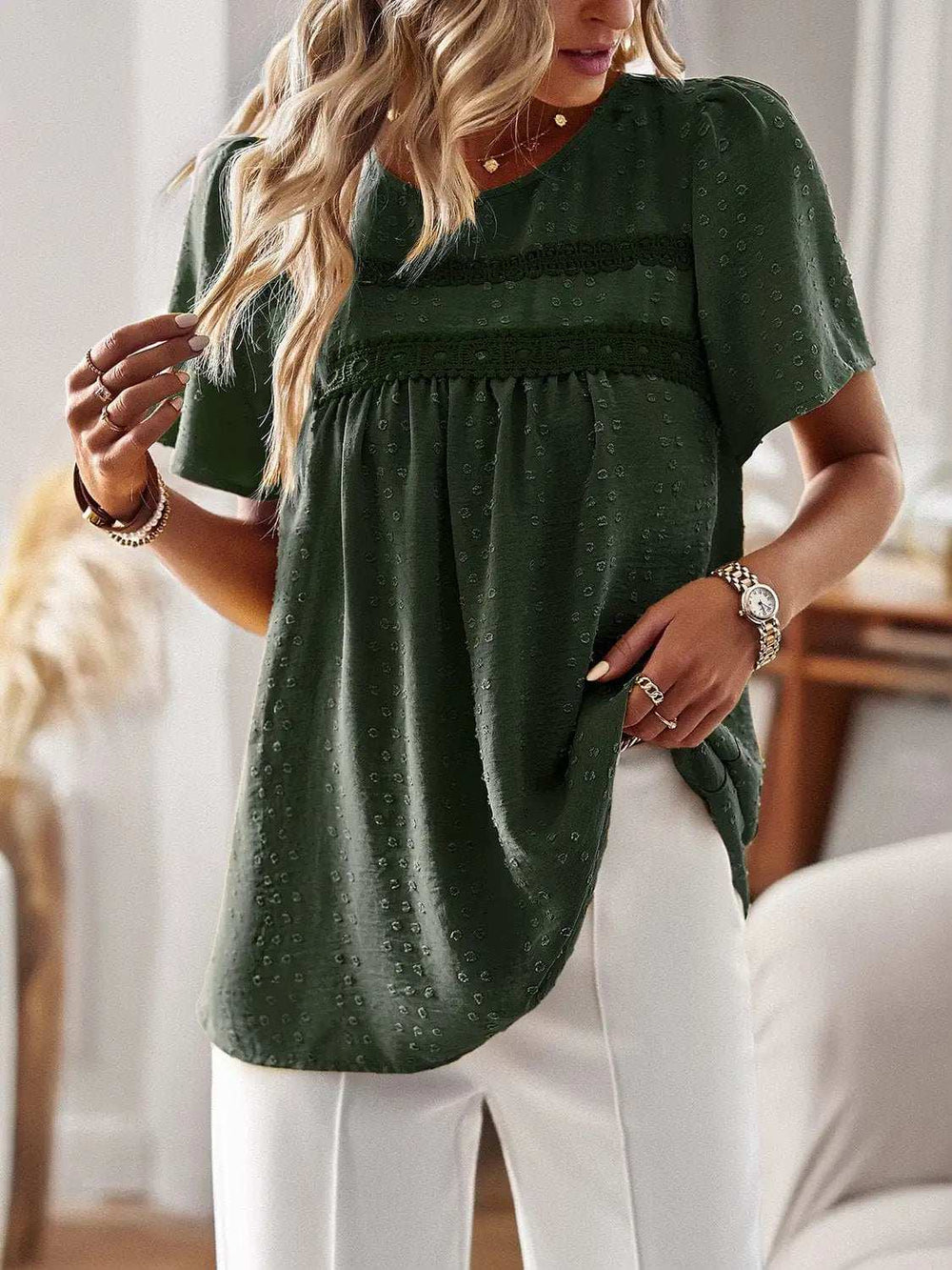 Lace Detail Round Neck Short Sleeve Blouse - Trendsi - Flyclothing LLC
