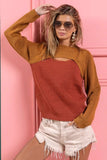 BiBi Color Block Sweater Knit Top With Cut Out Neck - Trendsi - Flyclothing LLC