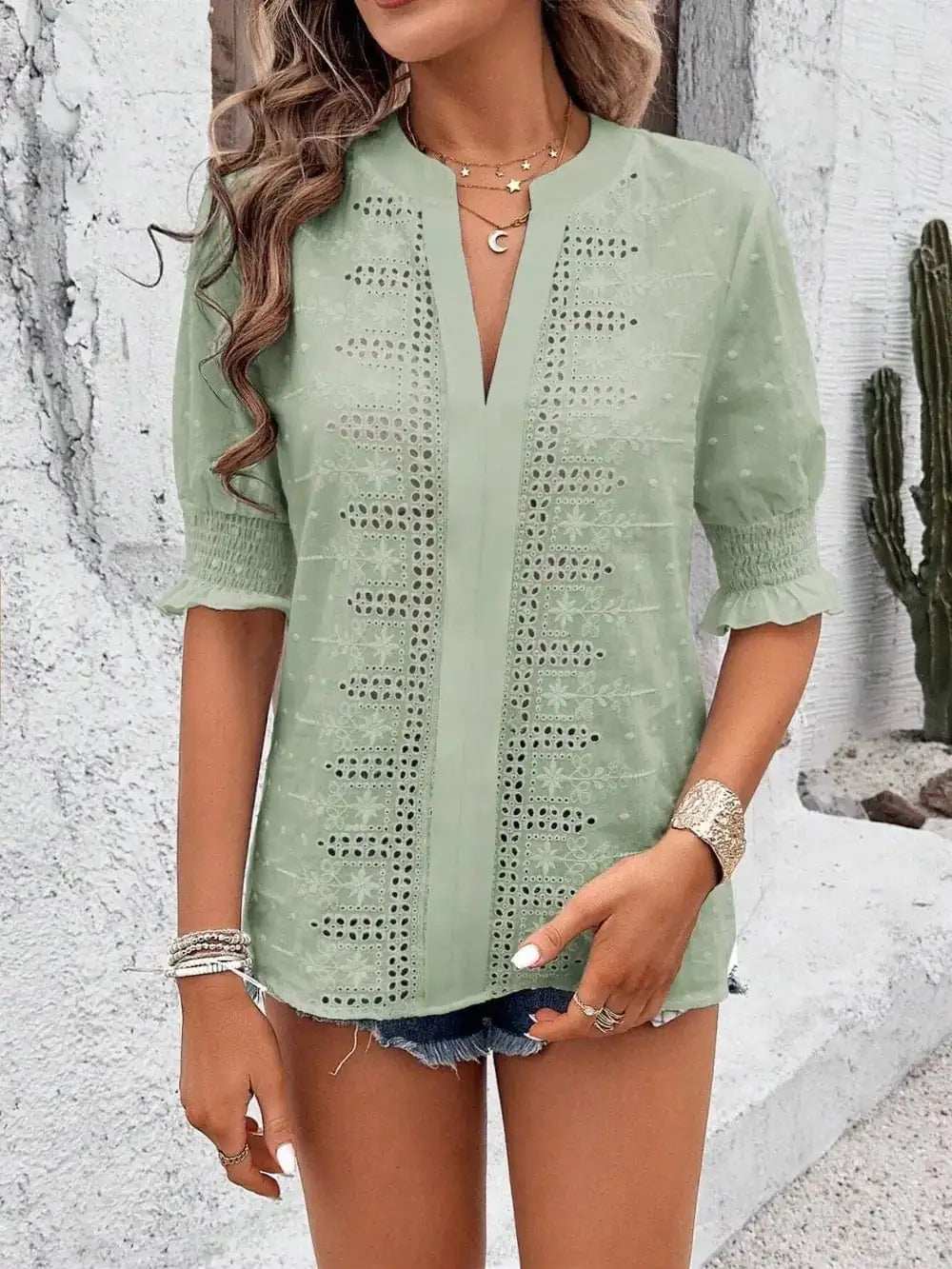 Eyelet Notched Flounce Sleeve Blouse - Trendsi - Flyclothing LLC