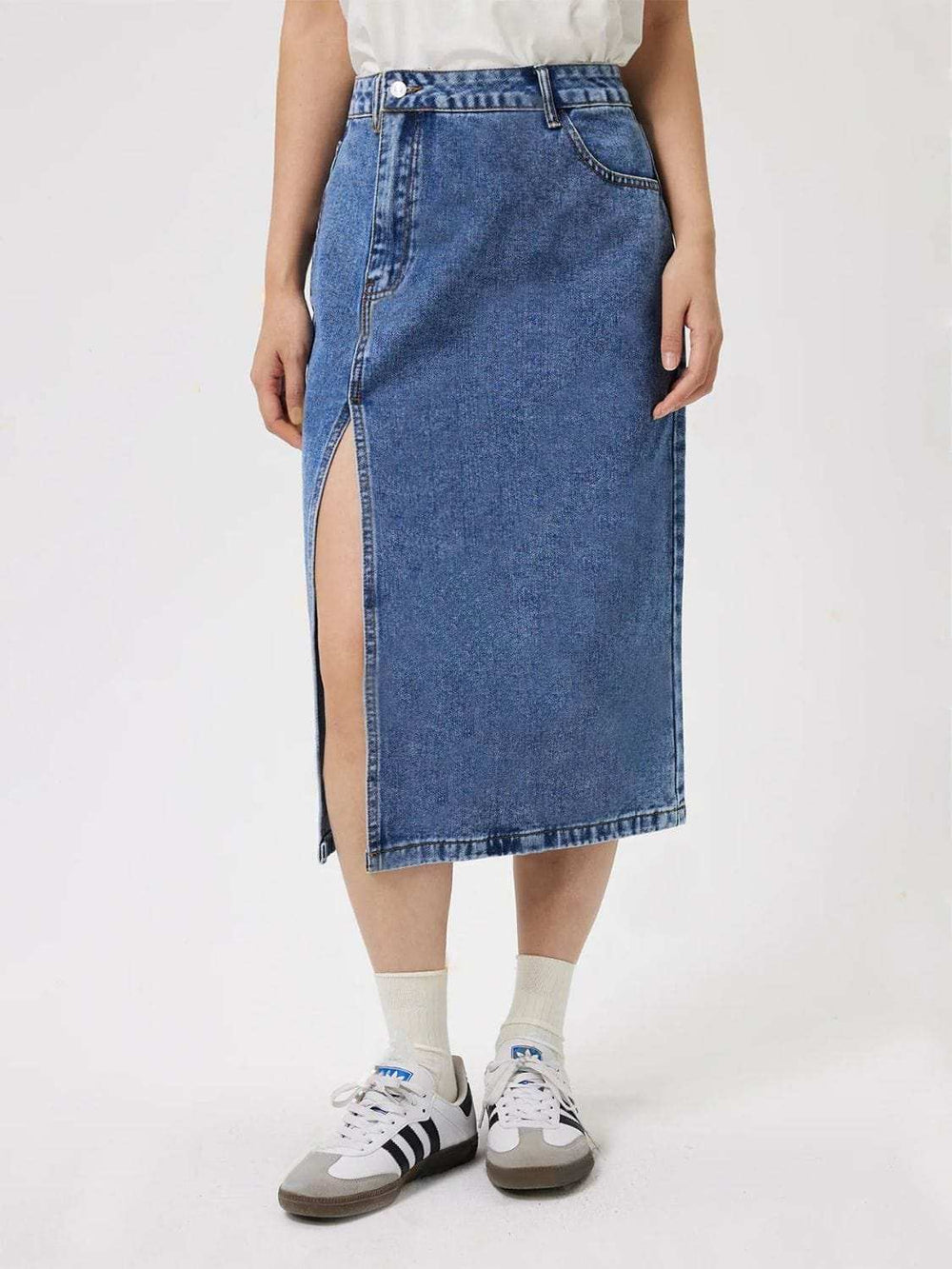 Slit Midi Denim Skirt with Pockets - Trendsi - Flyclothing LLC