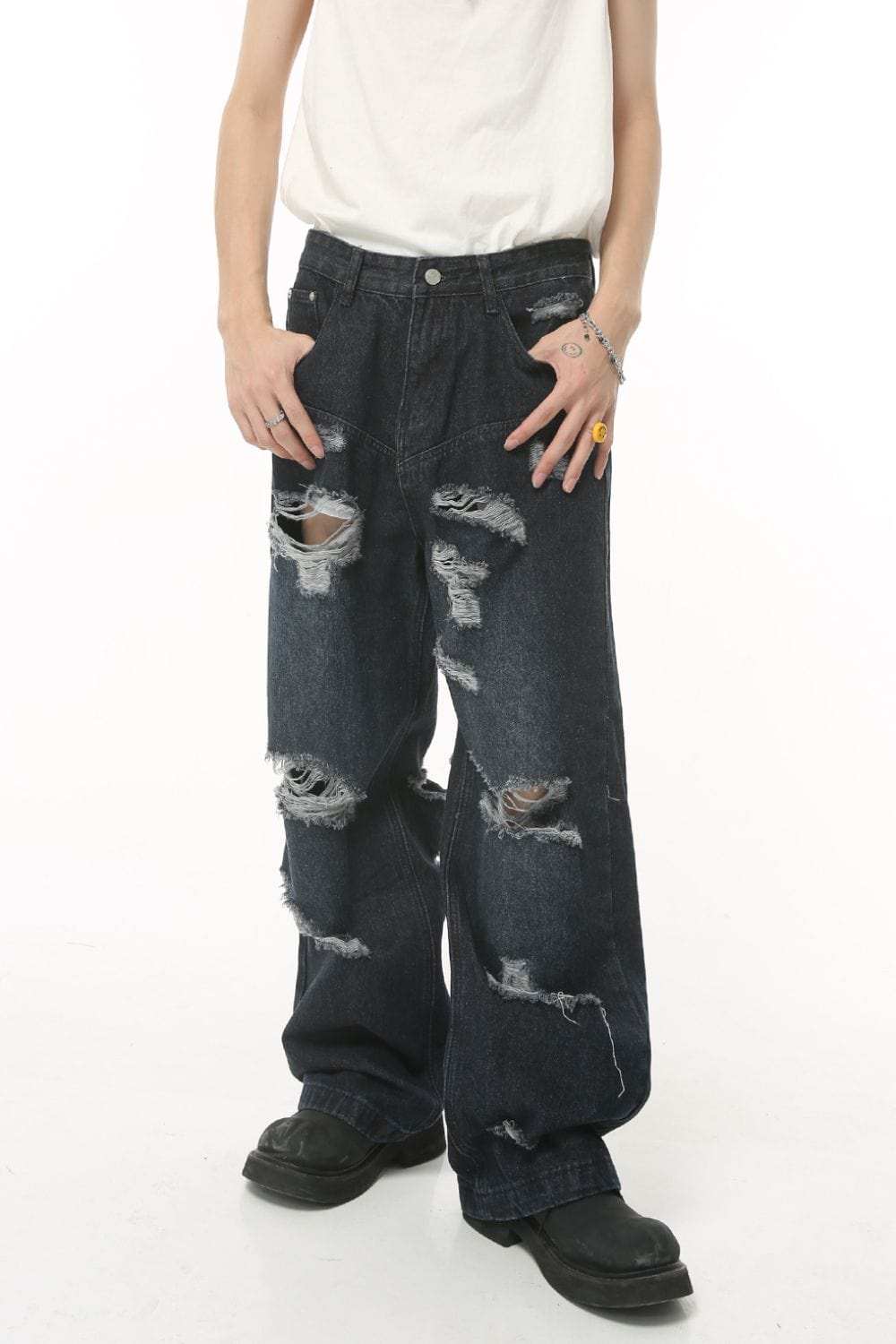 Distressed Wide Leg Pocketed Men's Jeans - Trendsi - Flyclothing LLC