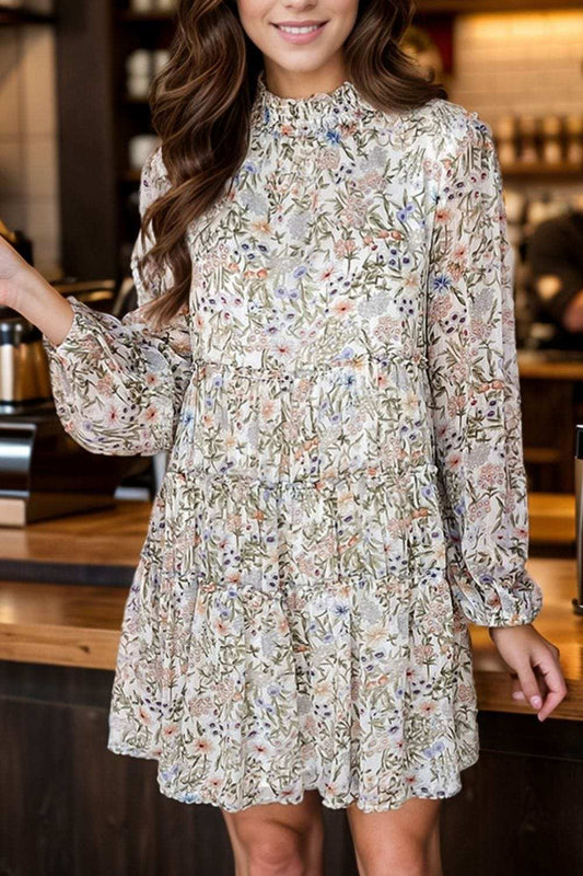 Printed Mock Neck Long Sleeve Mini Dress - Trendsi - Flyclothing LLC
