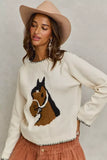 SO ME Horse Knit Sweater Top with Blanket Stitch - Trendsi - Flyclothing LLC