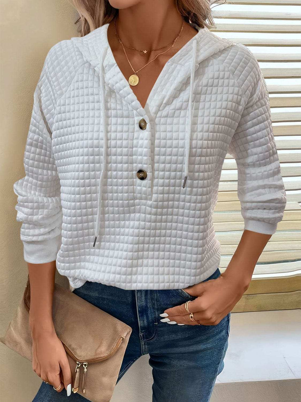 Full Size Texture Button Detail Drawstring Long Sleeve Hoodie - Trendsi - Flyclothing LLC