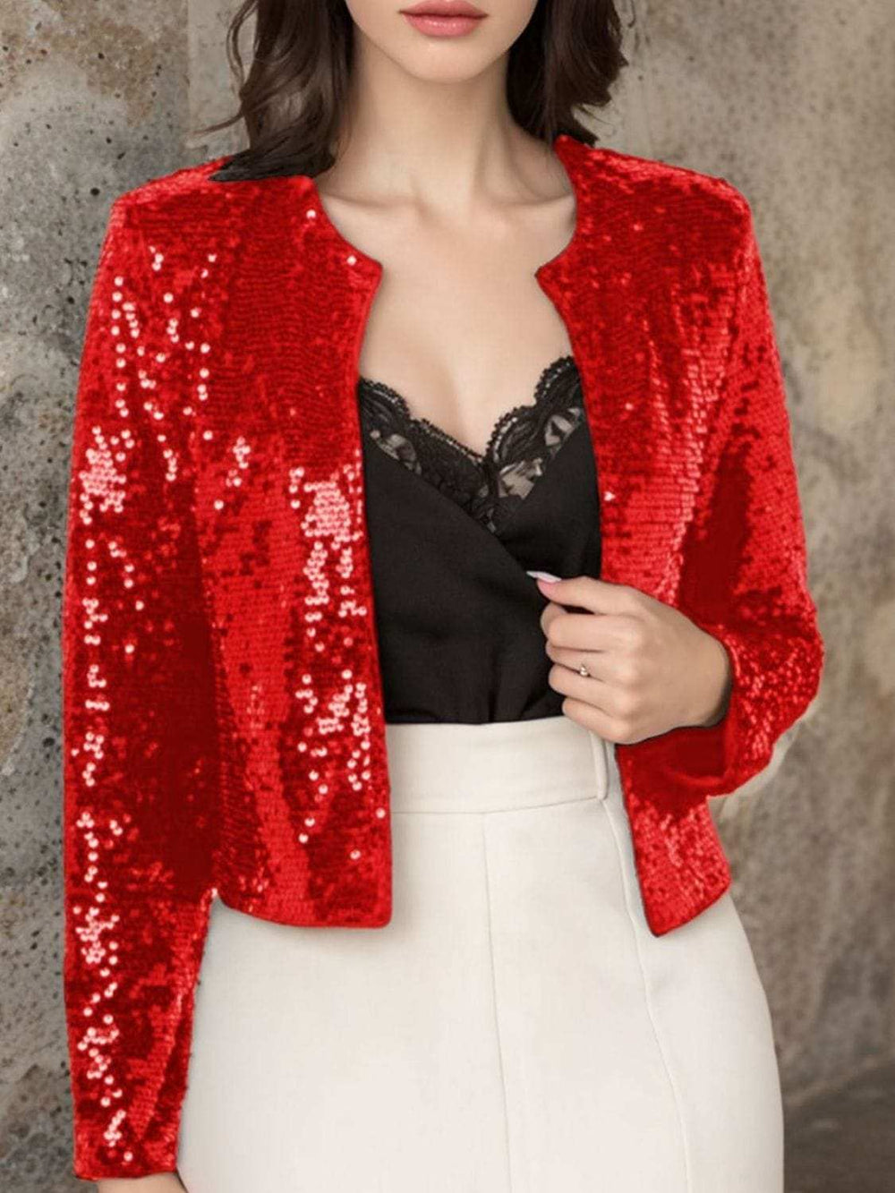 Full Size Sequin Open Front Cropped Jacket - Trendsi - Flyclothing LLC