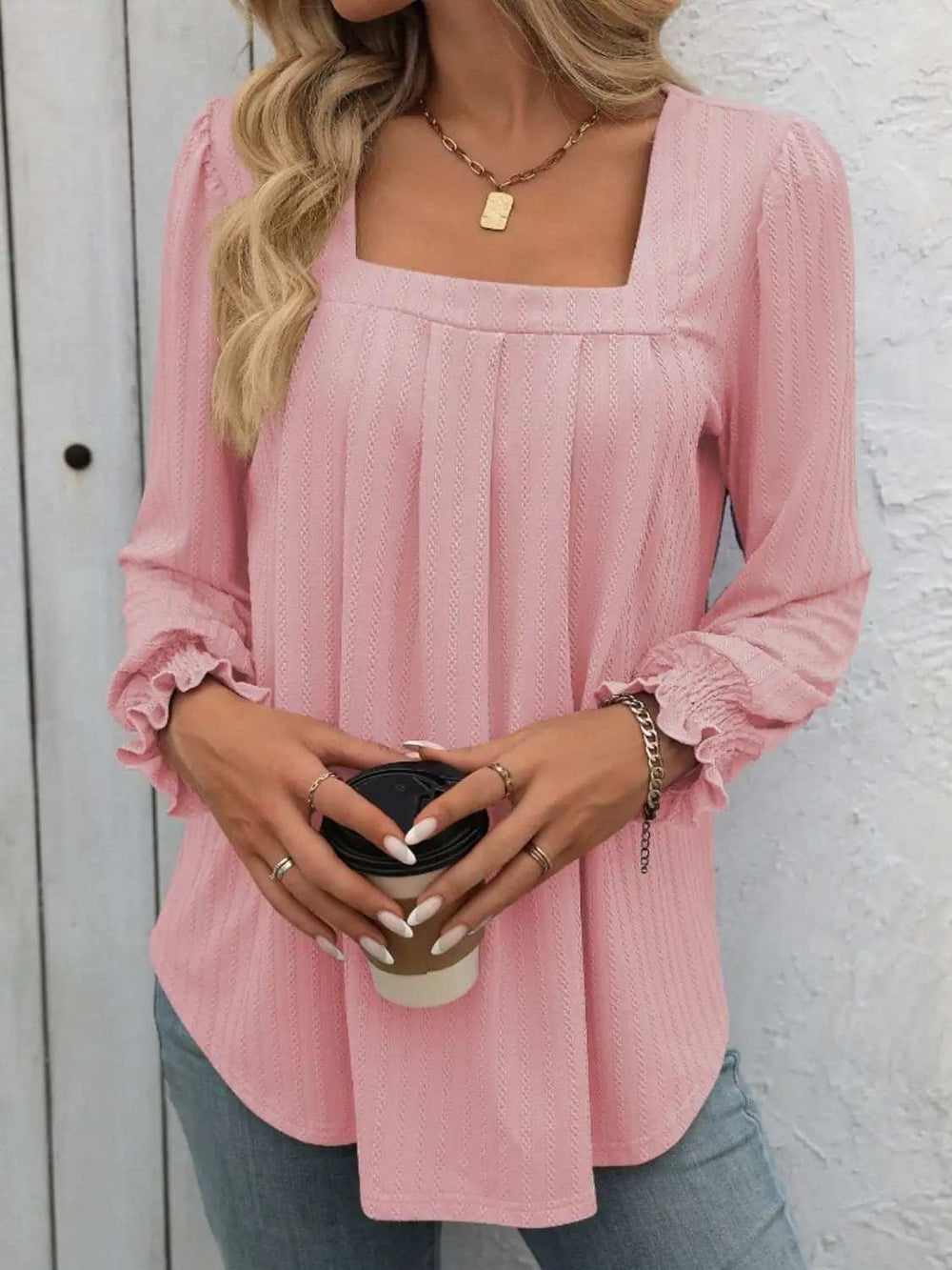 Square Neck Long Sleeve Top - Trendsi - Flyclothing LLC