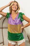 BiBi Mardi Gras Sequin Color Block Ruffled Top - Trendsi - Flyclothing LLC