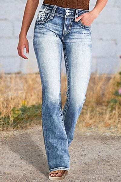 Star Embroidered Bootcut Jeans - Trendsi - Flyclothing LLC
