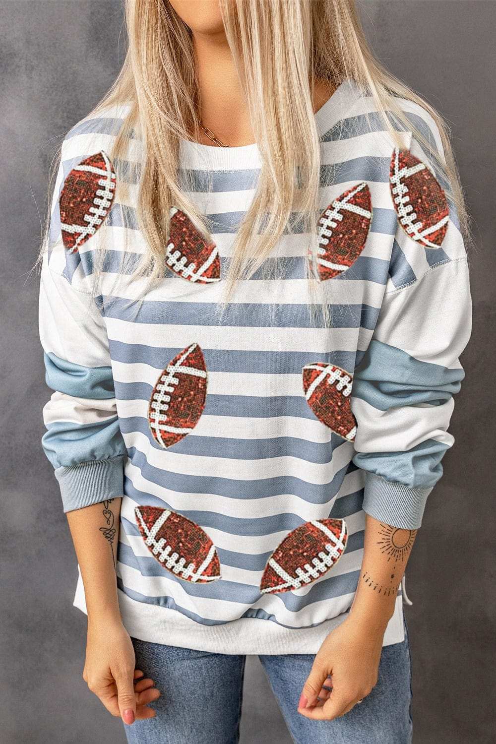 Football Striped Round Neck Long Sleeve Sweatshirt - Trendsi - Flyclothing LLC