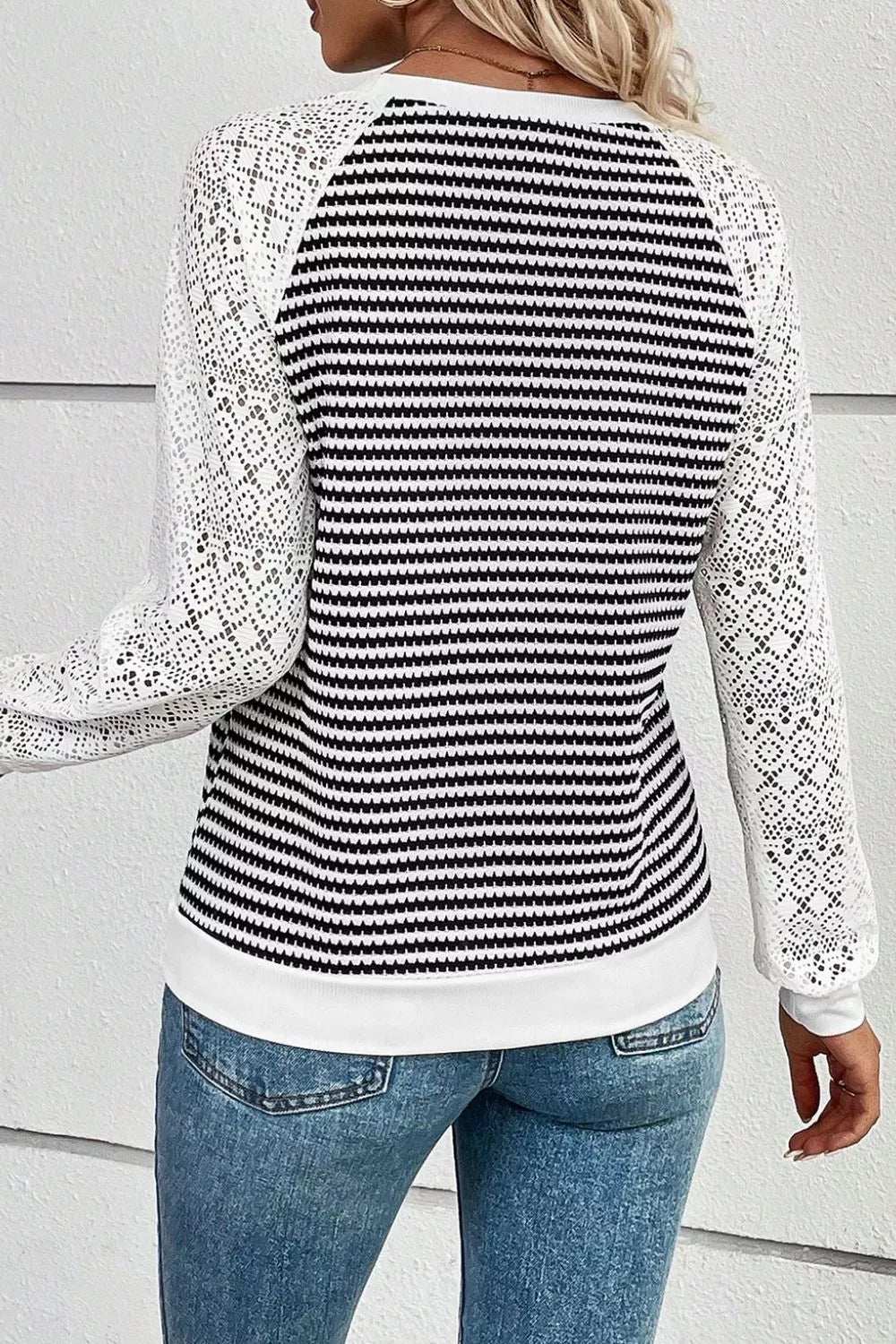 Striped Lace Raglan Sleeve Blouse - Trendsi - Flyclothing LLC