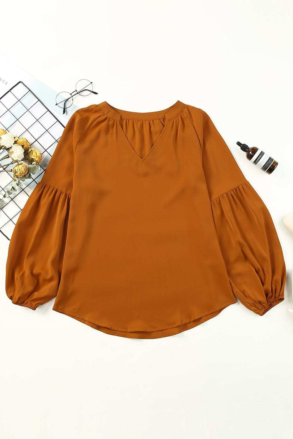 Ruched Notched Balloon Sleeve Blouse - Trendsi - Flyclothing LLC
