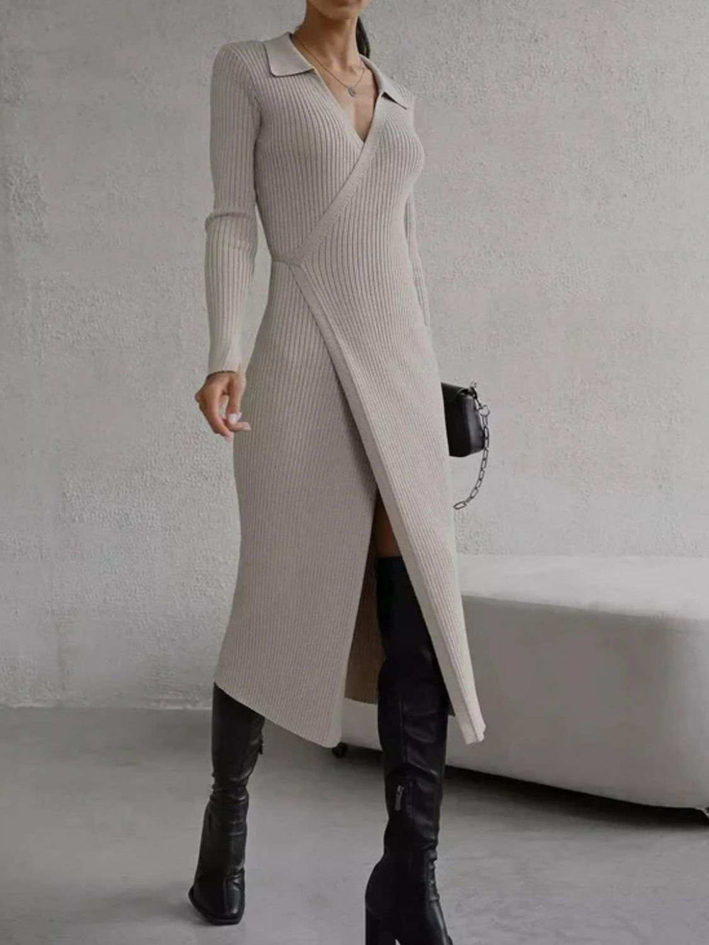 Tied Collared Neck Long Sleeve Sweater Dress - Trendsi - Flyclothing LLC