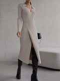 Tied Collared Neck Long Sleeve Sweater Dress - Trendsi - Flyclothing LLC