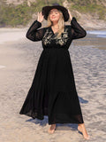 Plus Size Embroidered Tie Neck Long Sleeve Dress - Trendsi - Flyclothing LLC