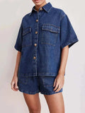 Button Up Short Sleeve Top and Shorts Denim Set - Trendsi - Flyclothing LLC