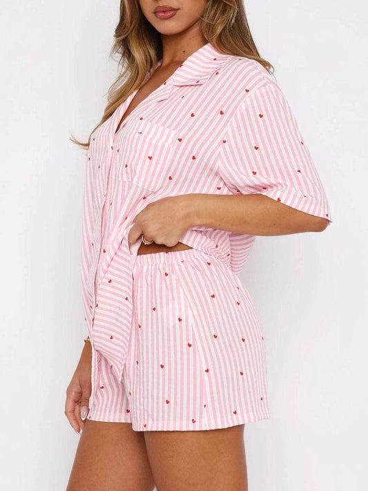 Valentine's Day Printed Collared Neck Short Sleeve Top and Shorts Set - Trendsi - Flyclothing LLC