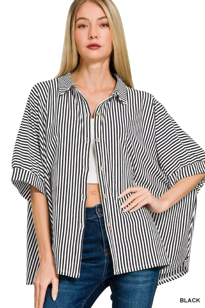 Zenana Oversized Stripe Button Down Shirt - Trendsi - Flyclothing LLC