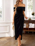 Velvet Off-Shoulder Ruched Midi Dress - Trendsi - Flyclothing LLC