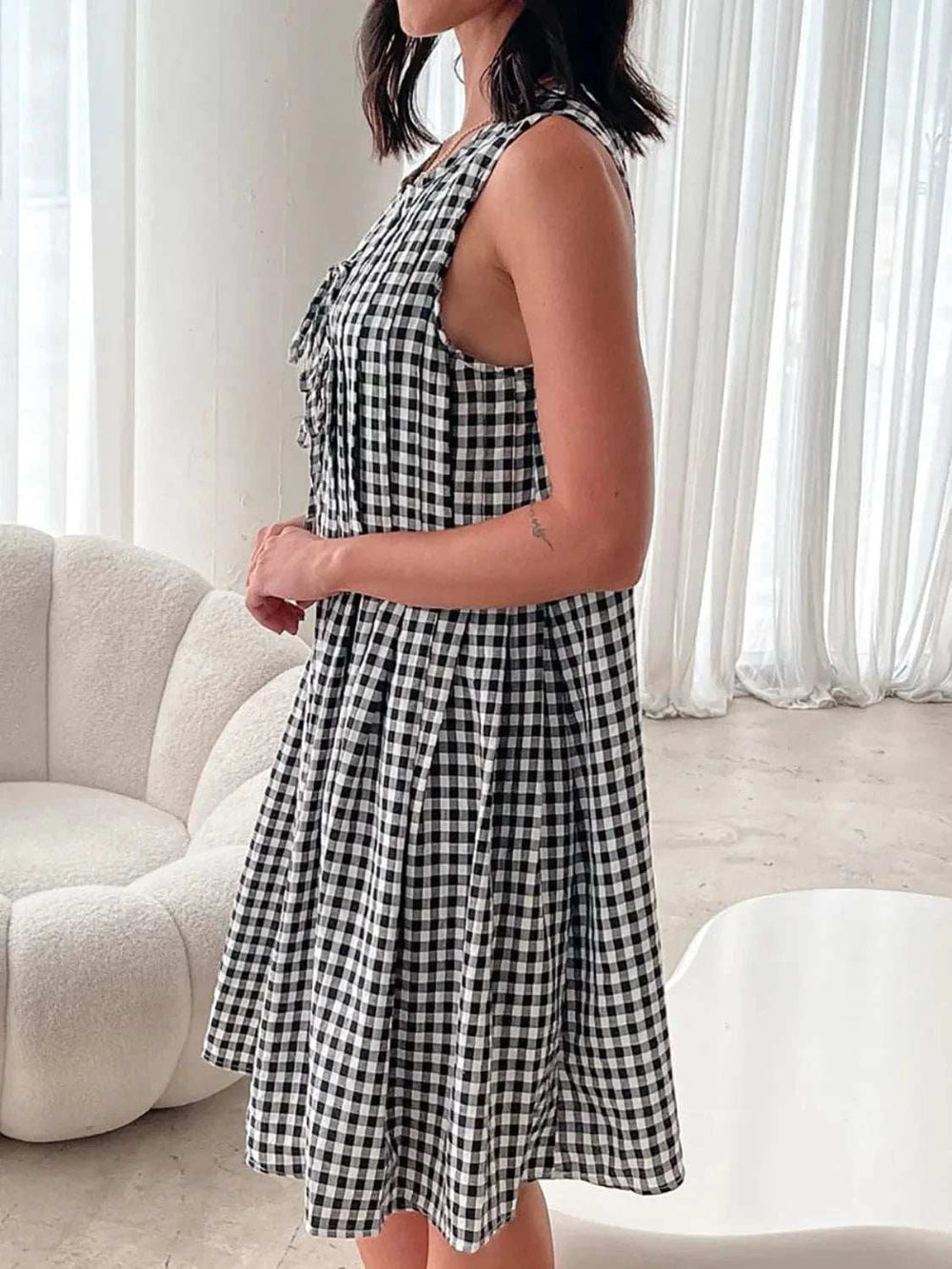 Tied Front Sleeveless Plaid Dress - Trendsi - Flyclothing LLC