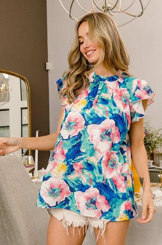 BiBi Floral Round Neck Ruffled Cap Sleeve Blouse - Trendsi - Flyclothing LLC