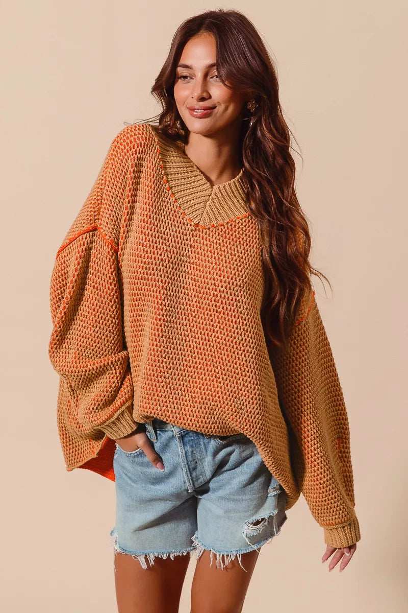 SO ME Oversized Two Tone Textured V Neck Sweater - Trendsi - Flyclothing LLC