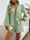 Tied Long Sleeve Top and Shorts Set - Trendsi - Flyclothing LLC