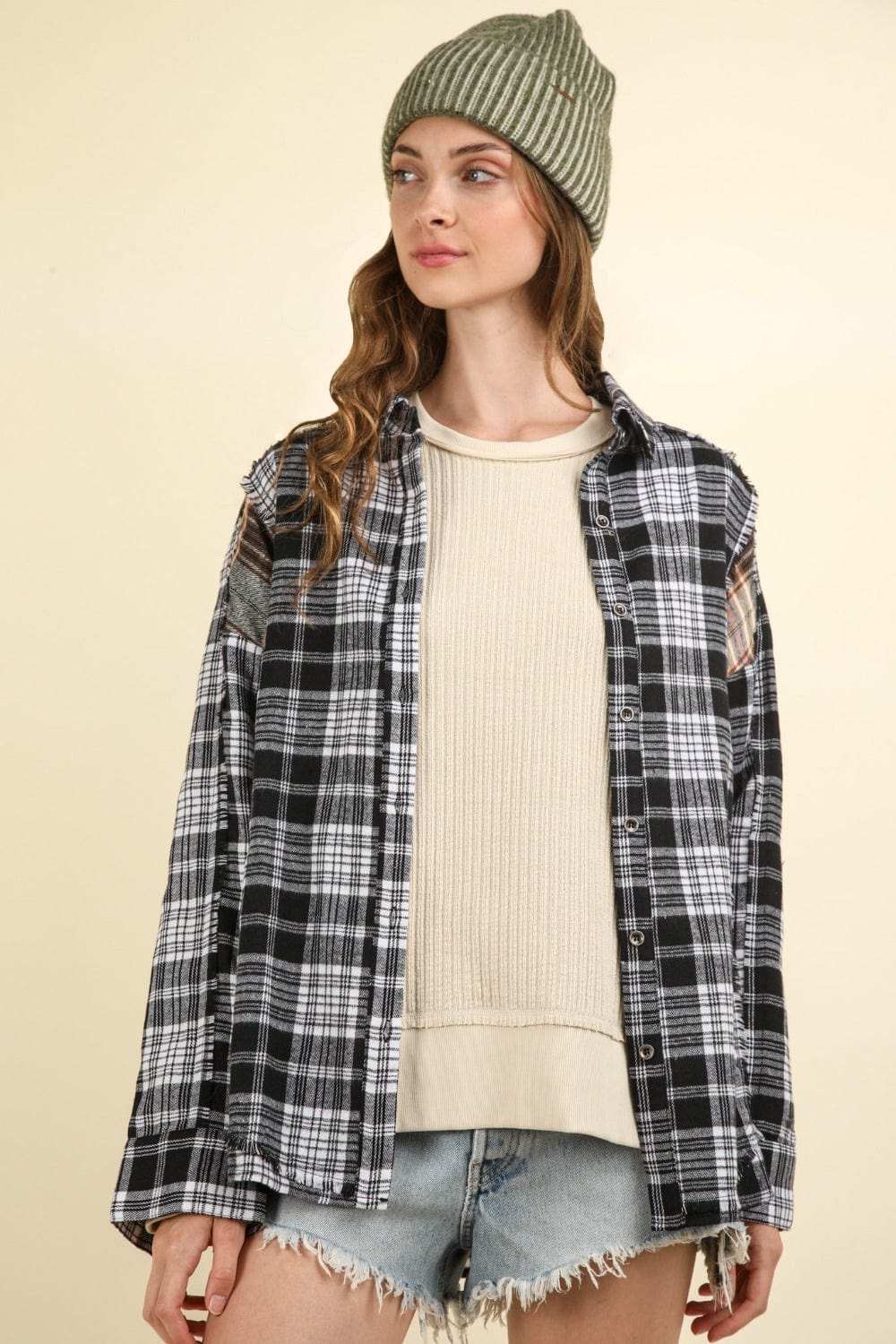 VERY J Contrast Plaid Raw Detail Shirt - Trendsi - Flyclothing LLC