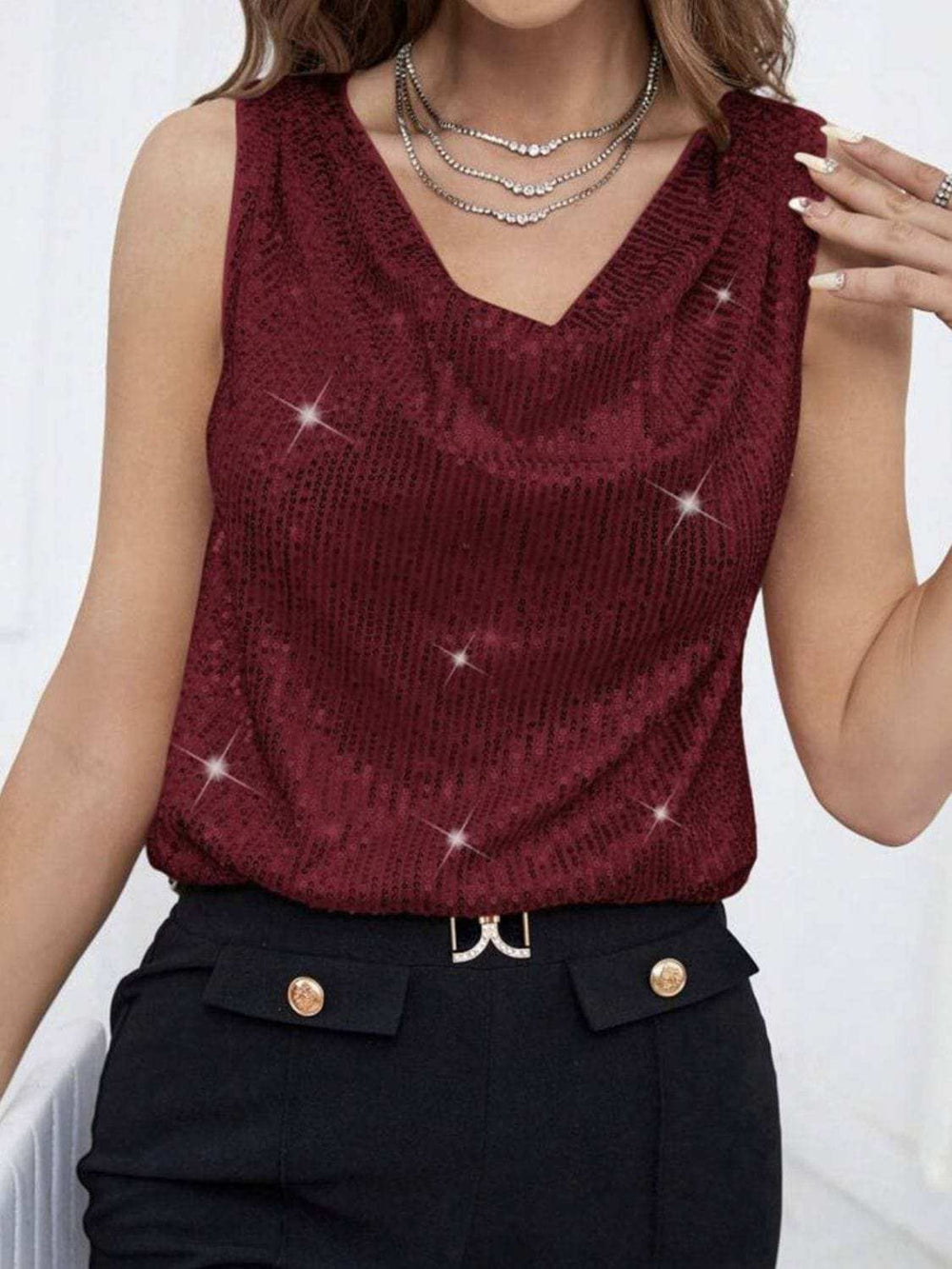 Sequin Cowl Neck Tank - Trendsi - Flyclothing LLC