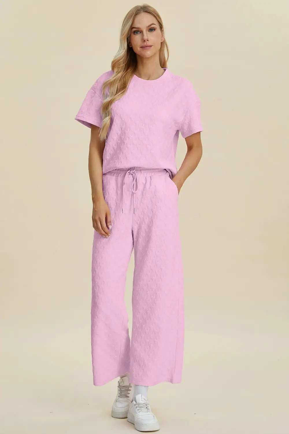 Double Take Full Size Texture Round Neck Short Sleeve Top and Pants Set - Trendsi - Flyclothing LLC