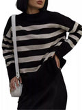 Side Slit Striped Oversized Knit Sweater - Trendsi - Flyclothing LLC