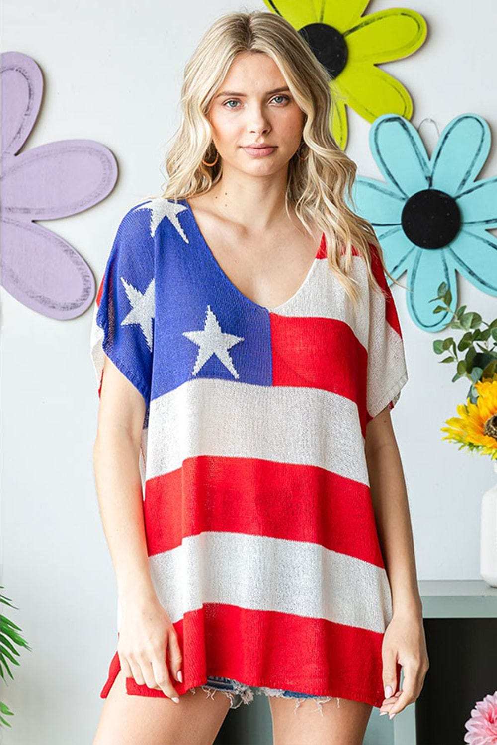 First Love Full Size USA Flag Drop Shoulder Knit Top - Trendsi - Flyclothing LLC
